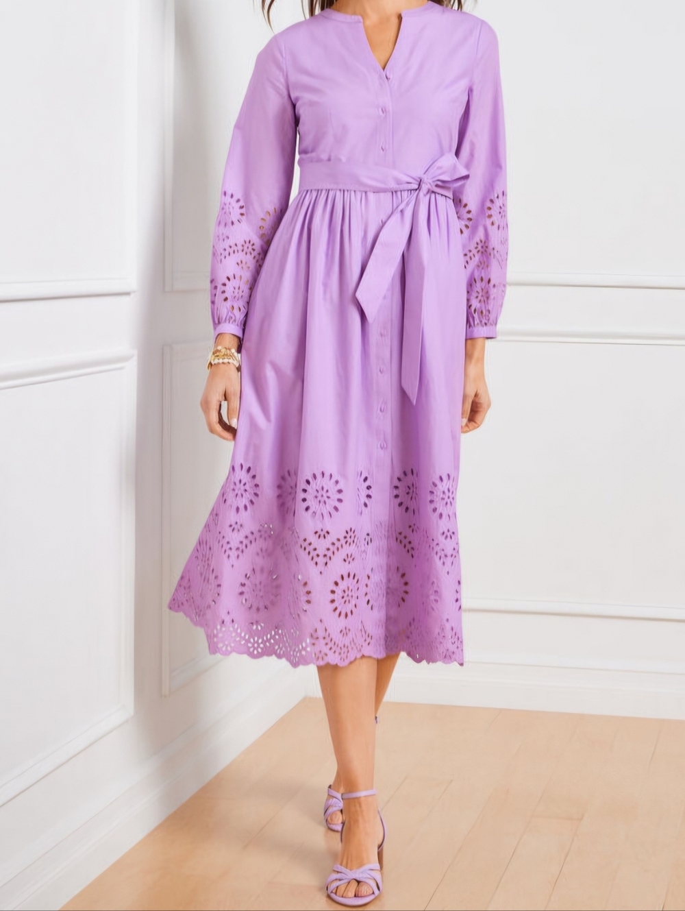 NWT Talbots Placed Eyelet Fit & Flare Midi Shirtdress Wisteria Lavender Women 2